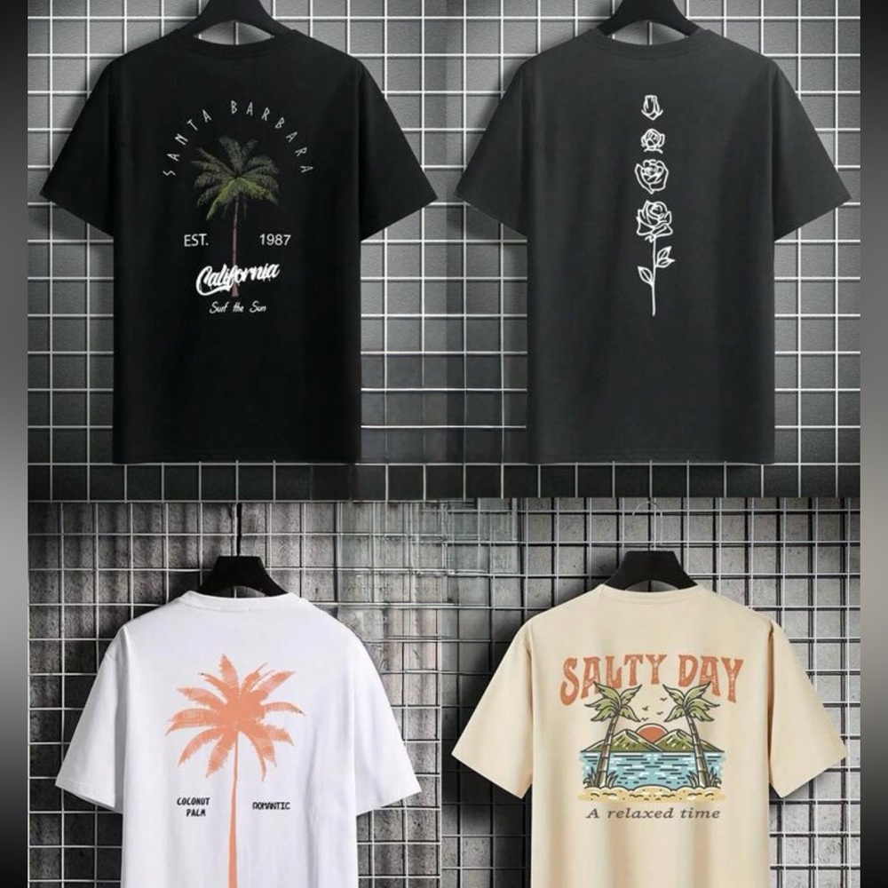 4pcs 2025 Summer Men's Japanese Letters And Palm Tree Printed T-Shirts